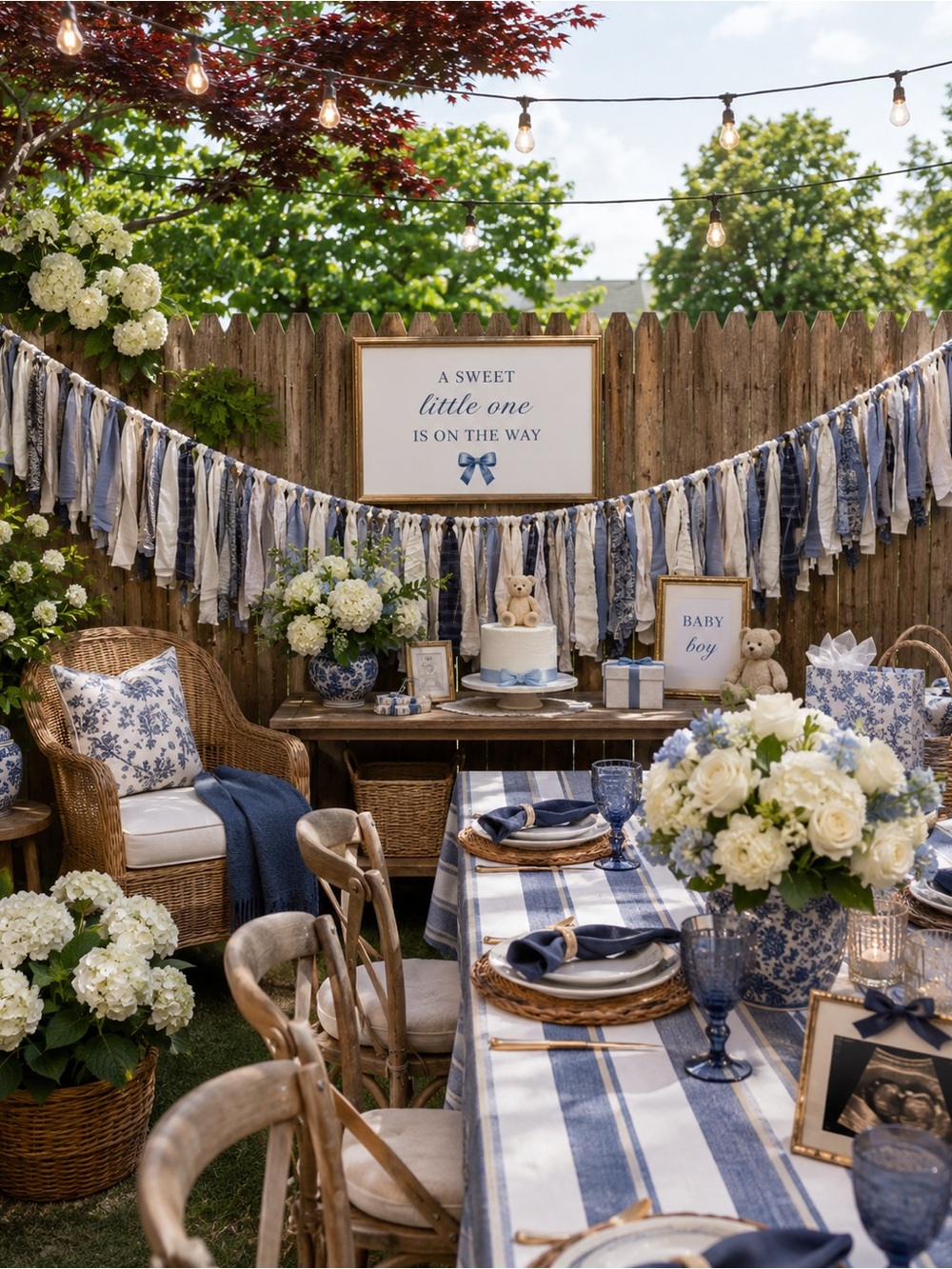 Navy, Blue & White Paisley & Stripes Fabric Garland Streamer Party Decor